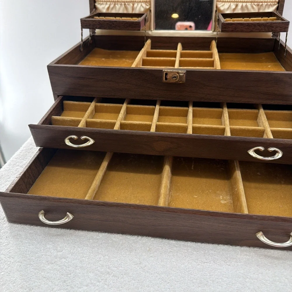 Midcentury Leatherette Large Drawer Jewelry Box, With Mirror 16x9x6.5
